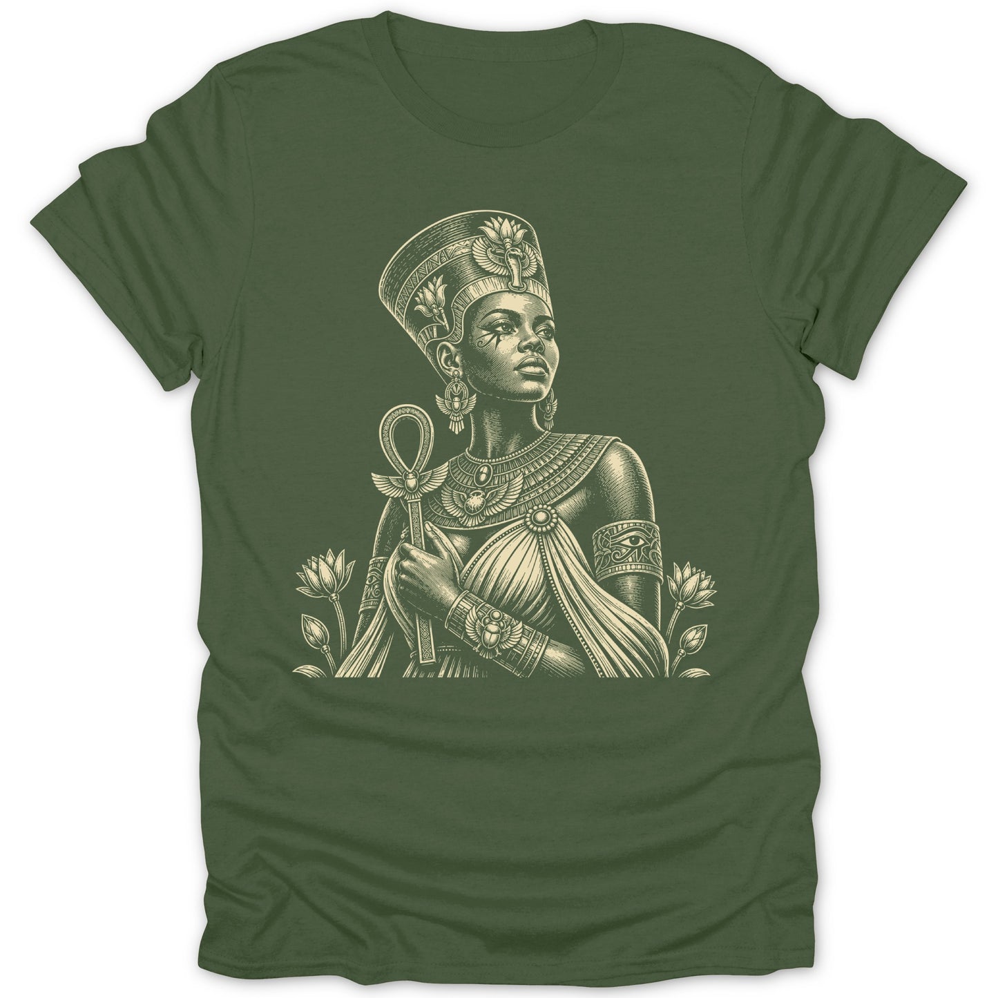 Elaborate illustration of Egyptian queen holding an ankh symbol with lotus flowers.