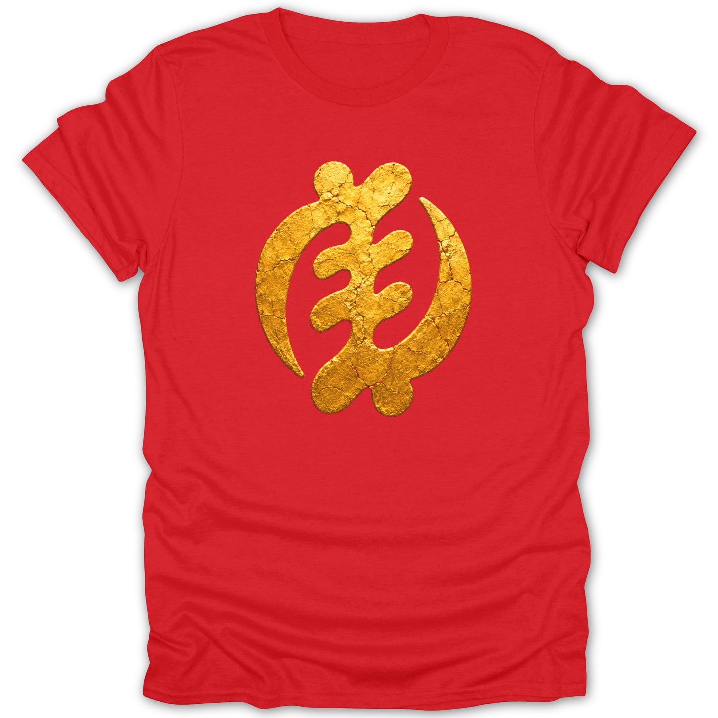 Red t-shirt with a textured gold Adinkra symbol Gye Nyame.