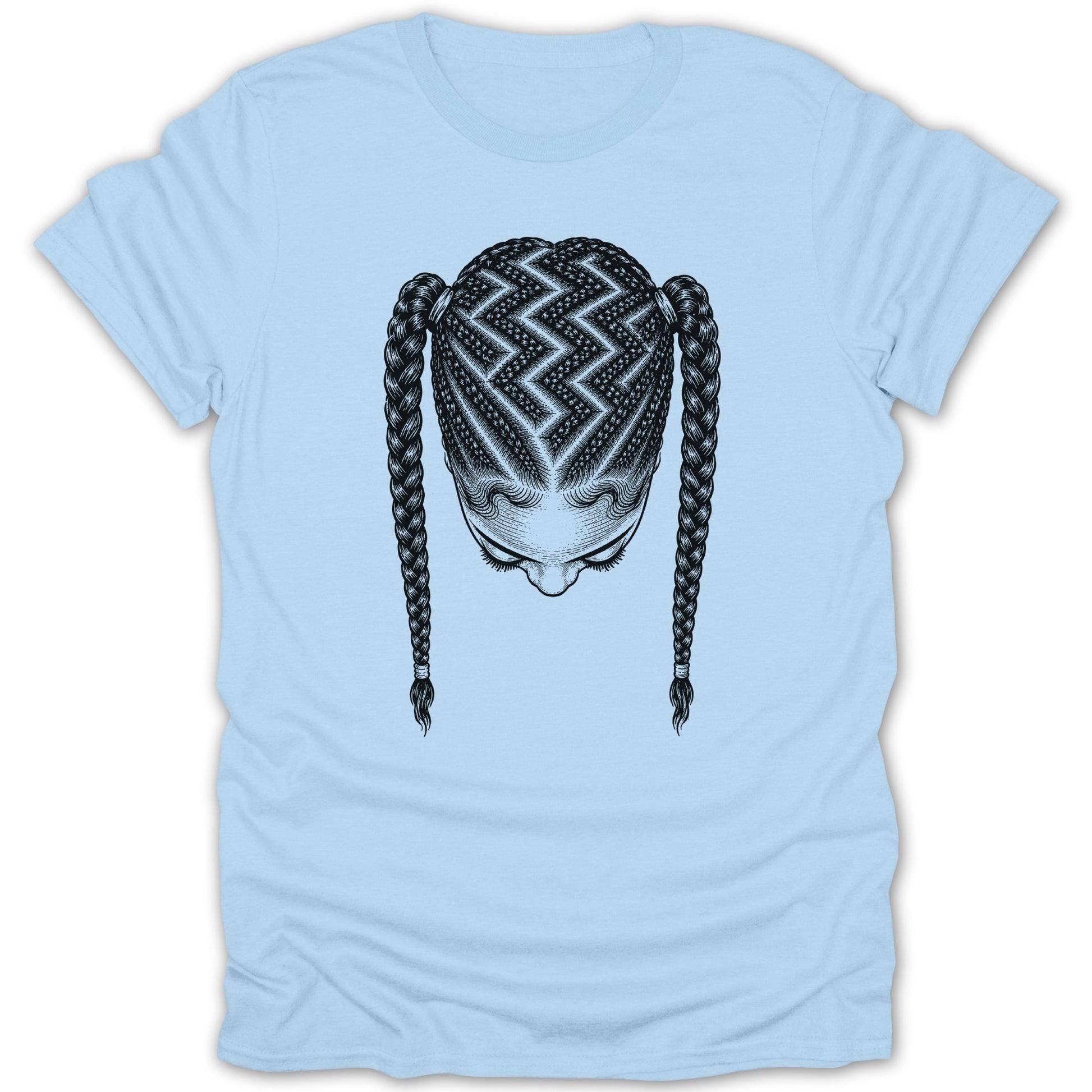 T-shirt graphic of a woman's head with intricate braided hairstyles.