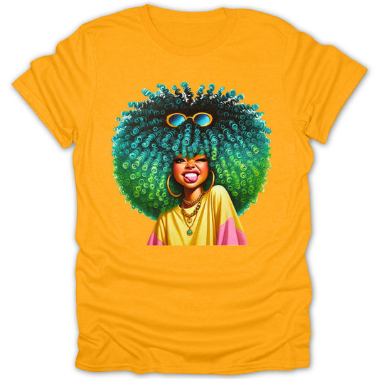 Vibrant Graphic Tee with Funky Hairstyle Design product type