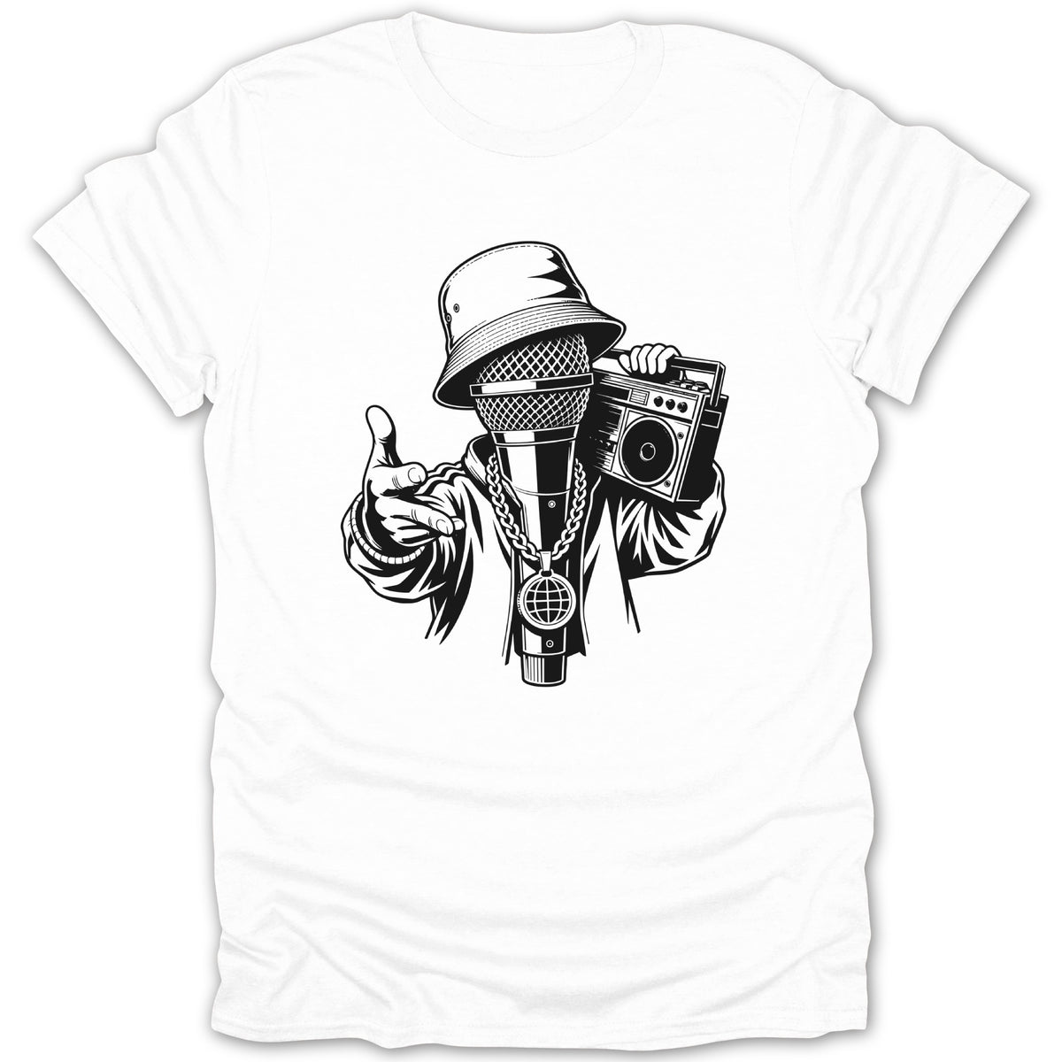 Microphone character with bucket hat, chain, and boombox on white t-shirt.