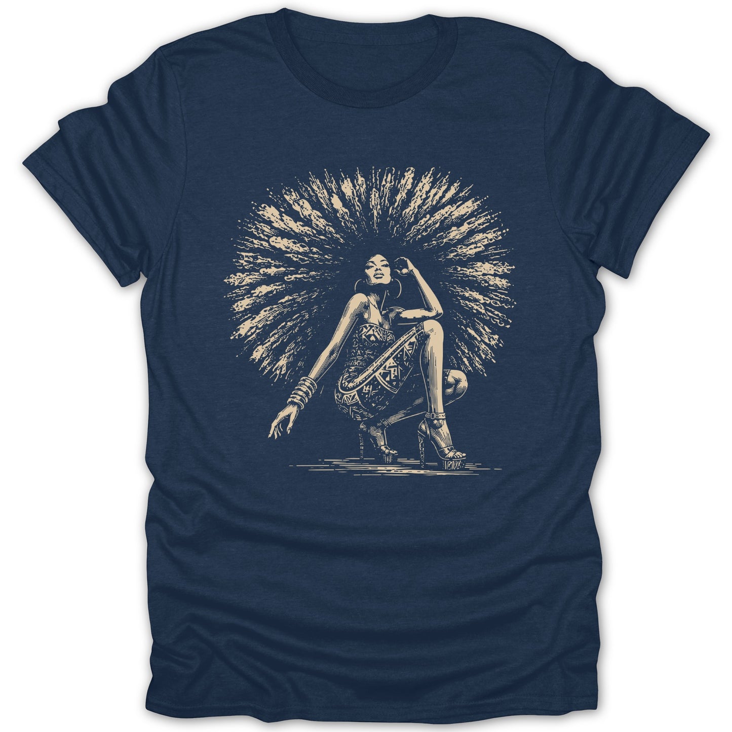 Woman with large afro posing in a detailed line drawing on a navy t-shirt.