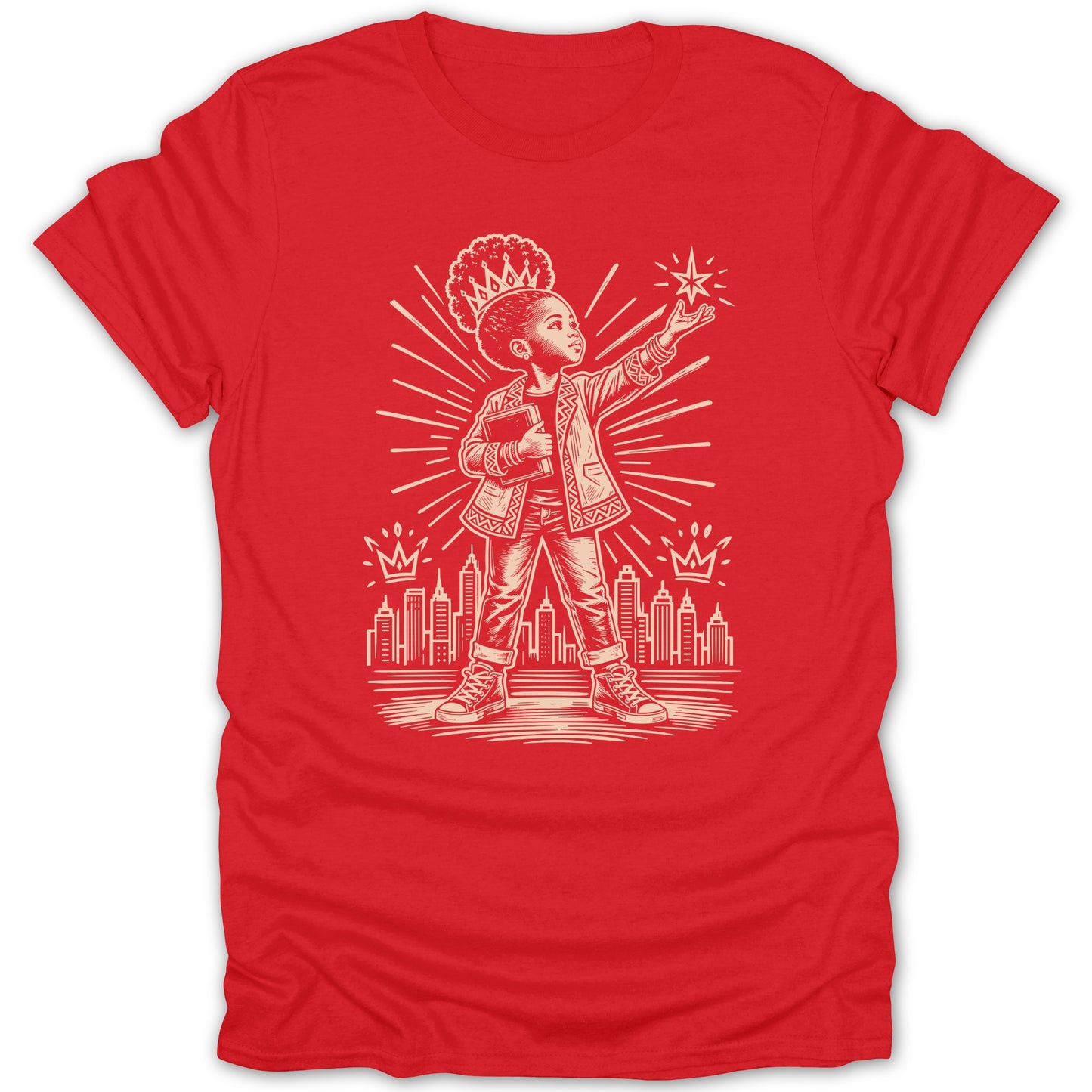 Red t-shirt with outline graphic of child reaching for star over cityscape.