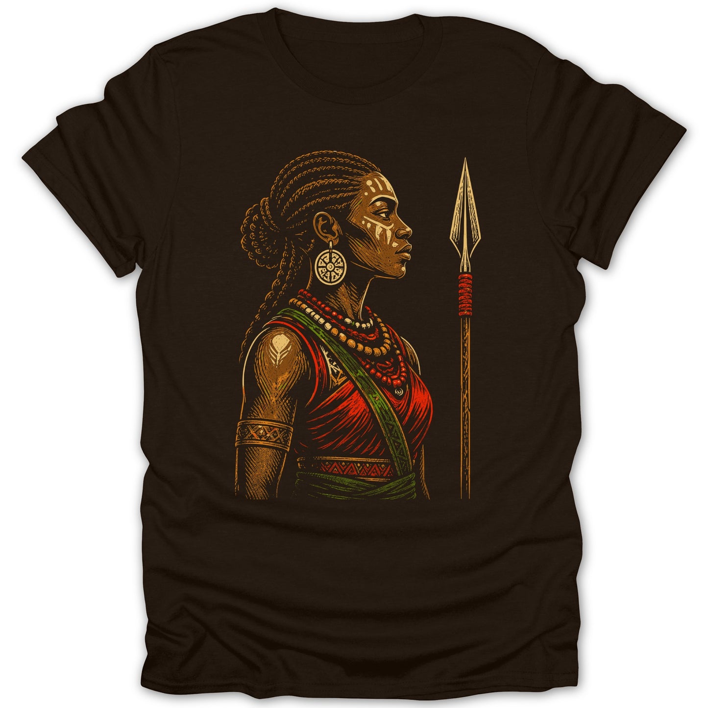 Illustration of a woman with braided hair holding a spear, wearing traditional attire and jewelry.