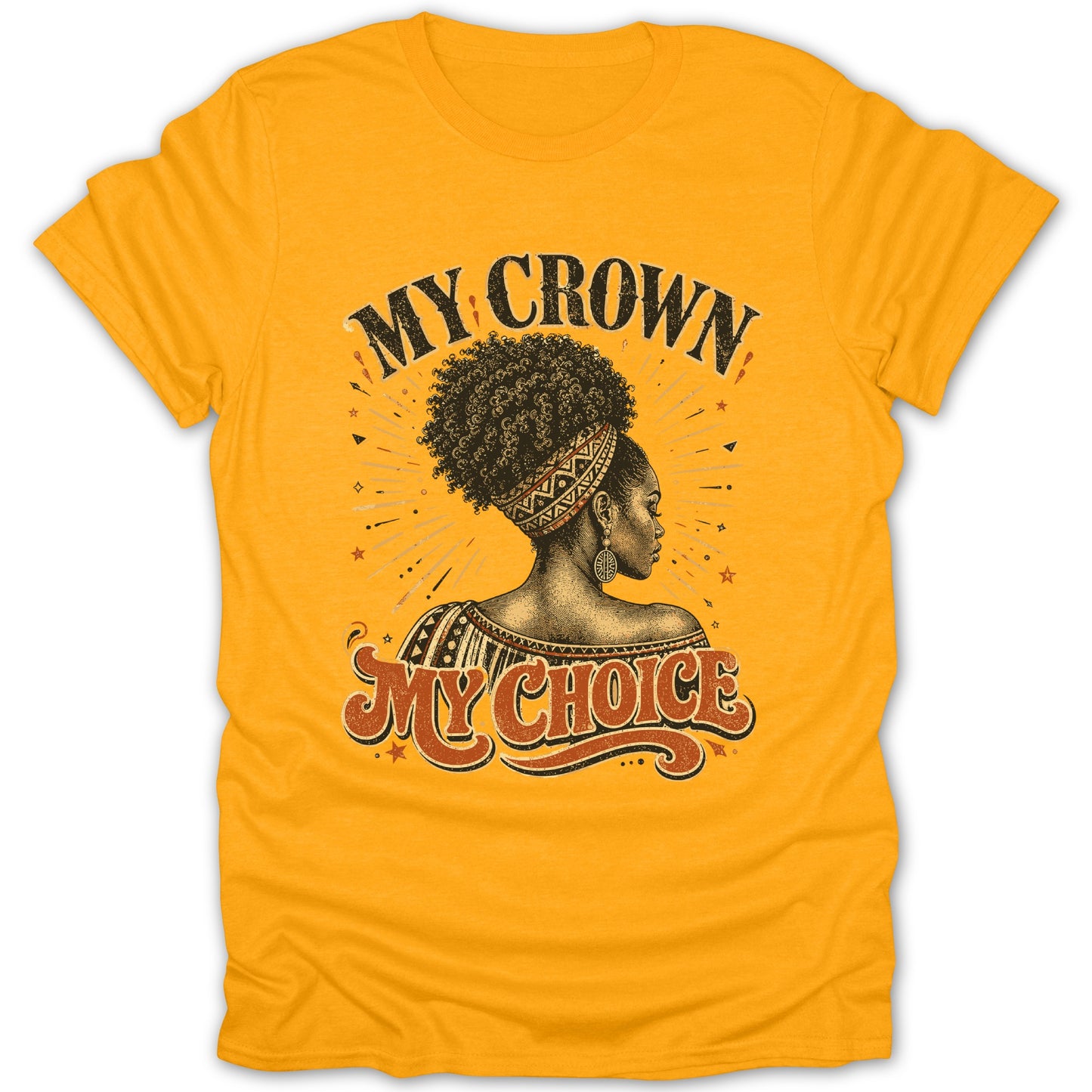 Yellow t-shirt with a graphic of a woman and the text "My Crown My Choice".