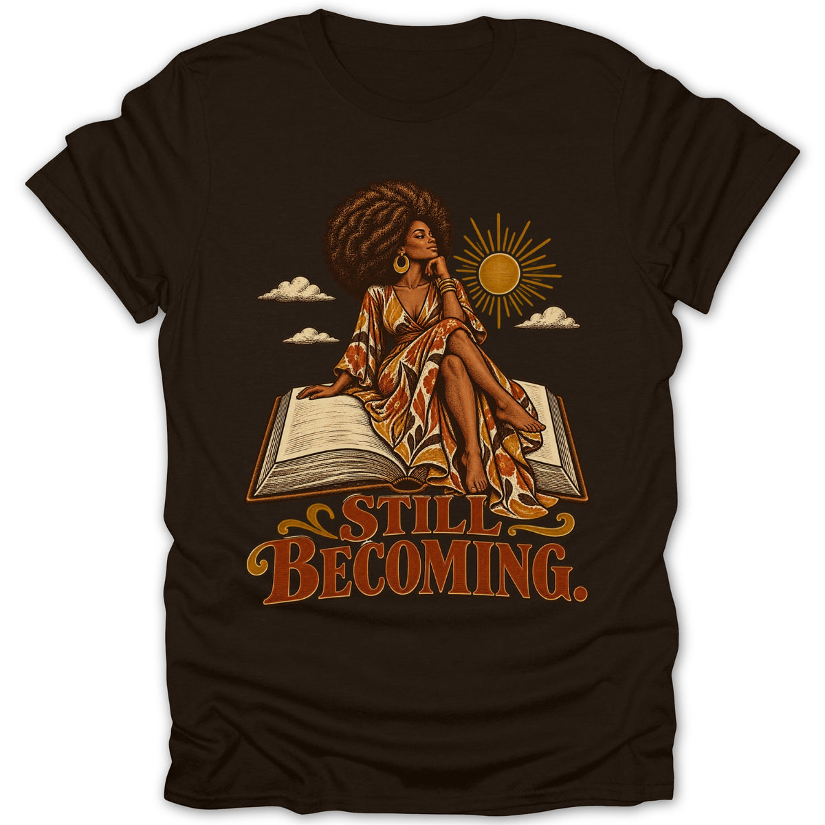 Woman sitting on a book with text "STILL BECOMING."