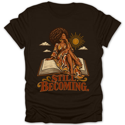 Woman sitting on a book with text "STILL BECOMING."