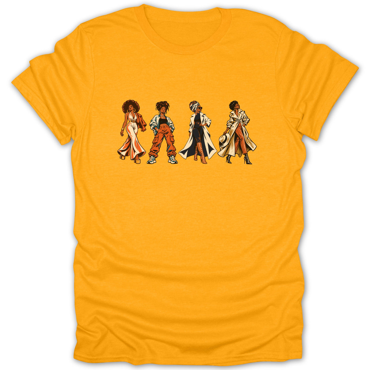 Four stylish Black women in retro-inspired outfits stand on a yellow t-shirt.