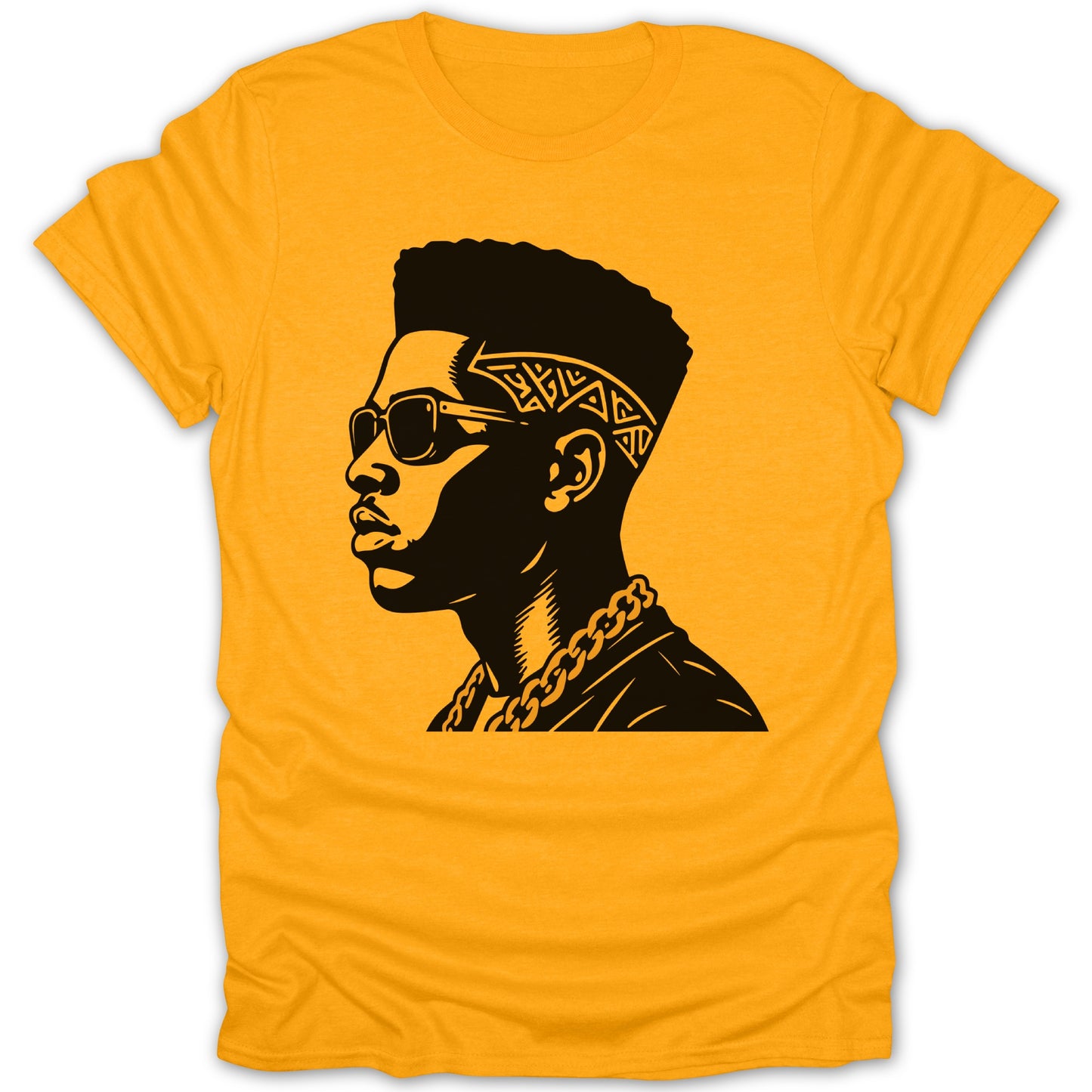 Black graphic of a man wearing sunglasses and a gold chain on yellow t-shirt.