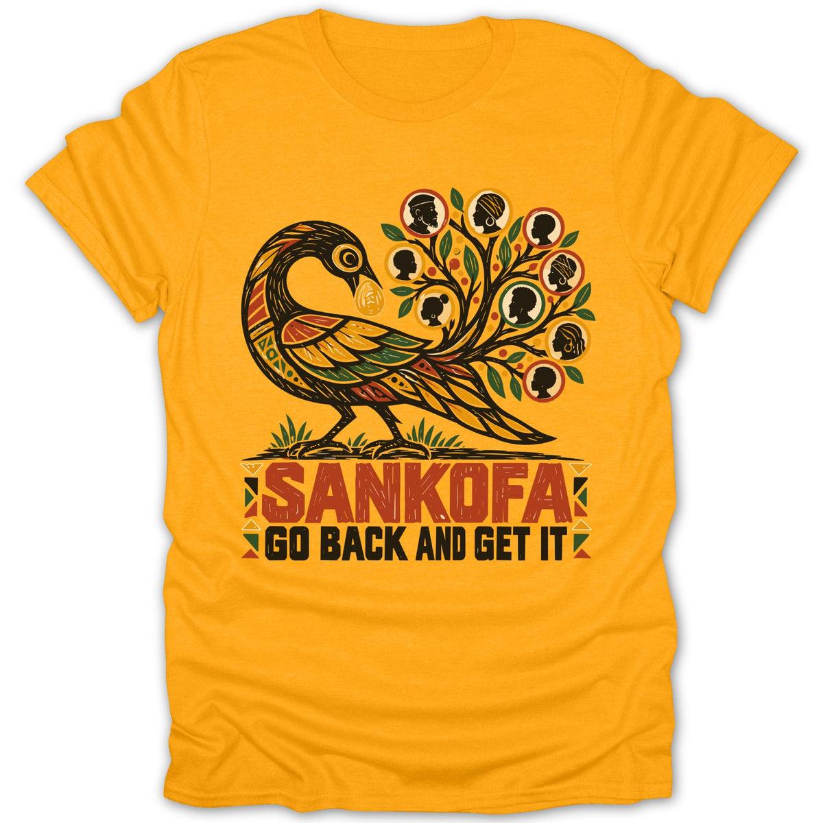 Yellow t-shirt with Sankofa bird design and text "SANKOFA GO BACK AND GET IT."