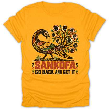 Yellow t-shirt with Sankofa bird design and text "SANKOFA GO BACK AND GET IT."
