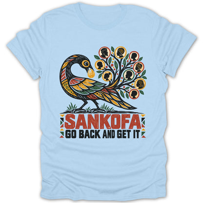 Sankofa bird with silhouettes of people and text "Sankofa Go Back and Get It".