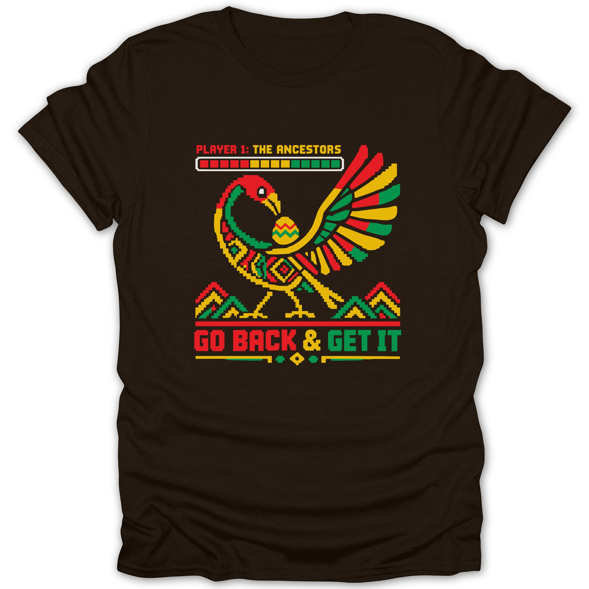 Pixelated bird with pan-African colors, holding an egg, and text "PLAYER 1: THE ANCESTORS GO BACK & GET IT".
