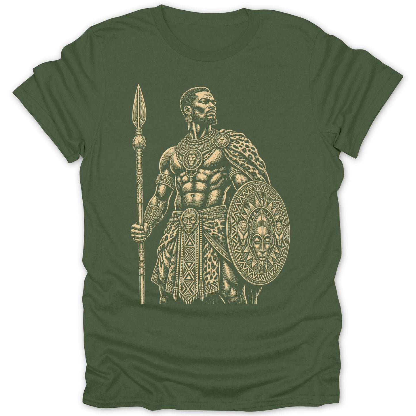 Warrior with spear and patterned shield on a green t-shirt.
