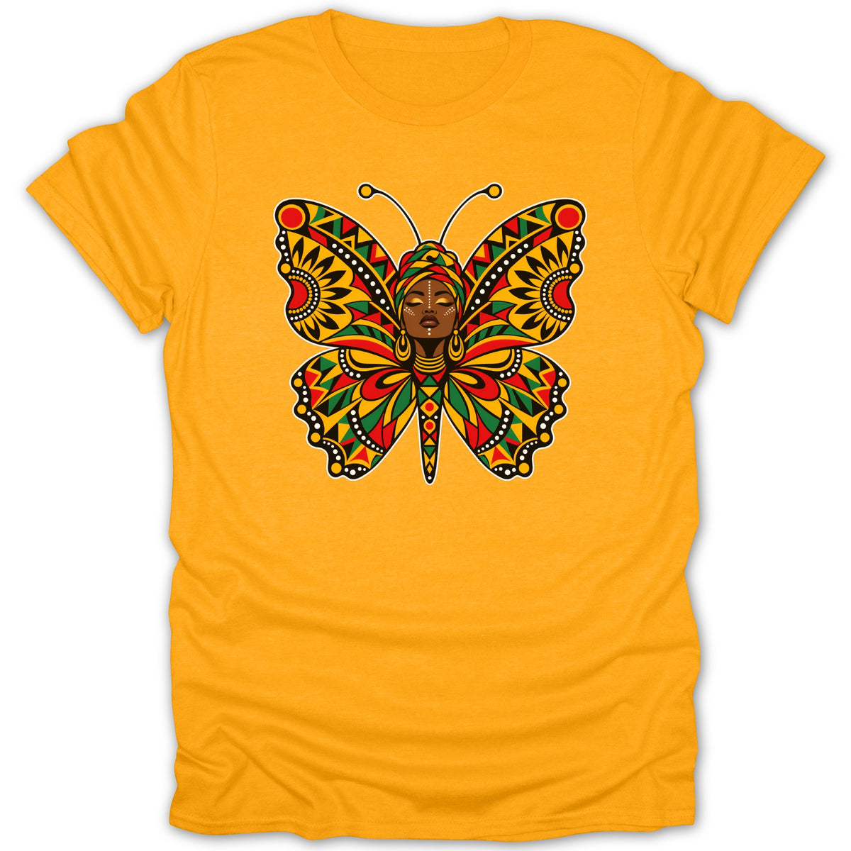 Yellow t-shirt with butterfly design featuring a woman's face and African-inspired patterns.