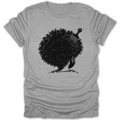 Black graphic of a person with afro hair and a pick on a gray t-shirt.