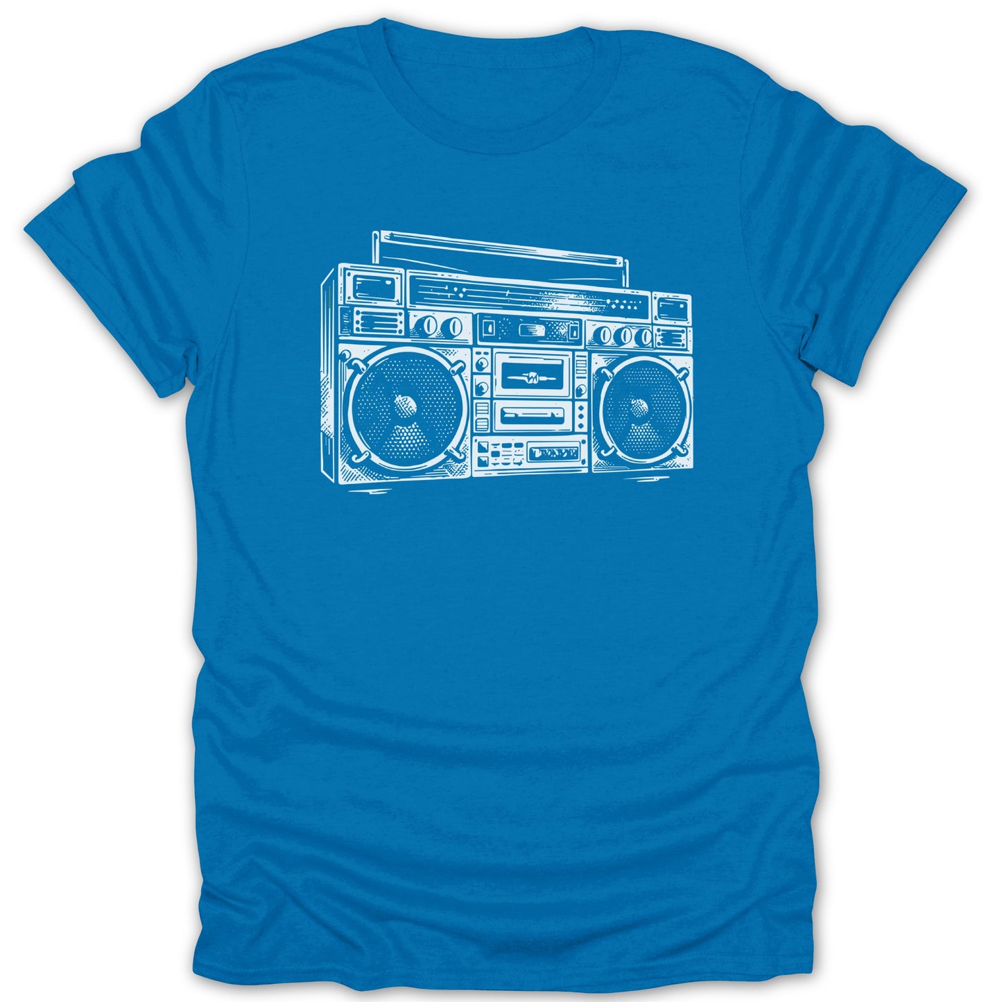 Blue t-shirt with a white outline drawing of a boombox.
