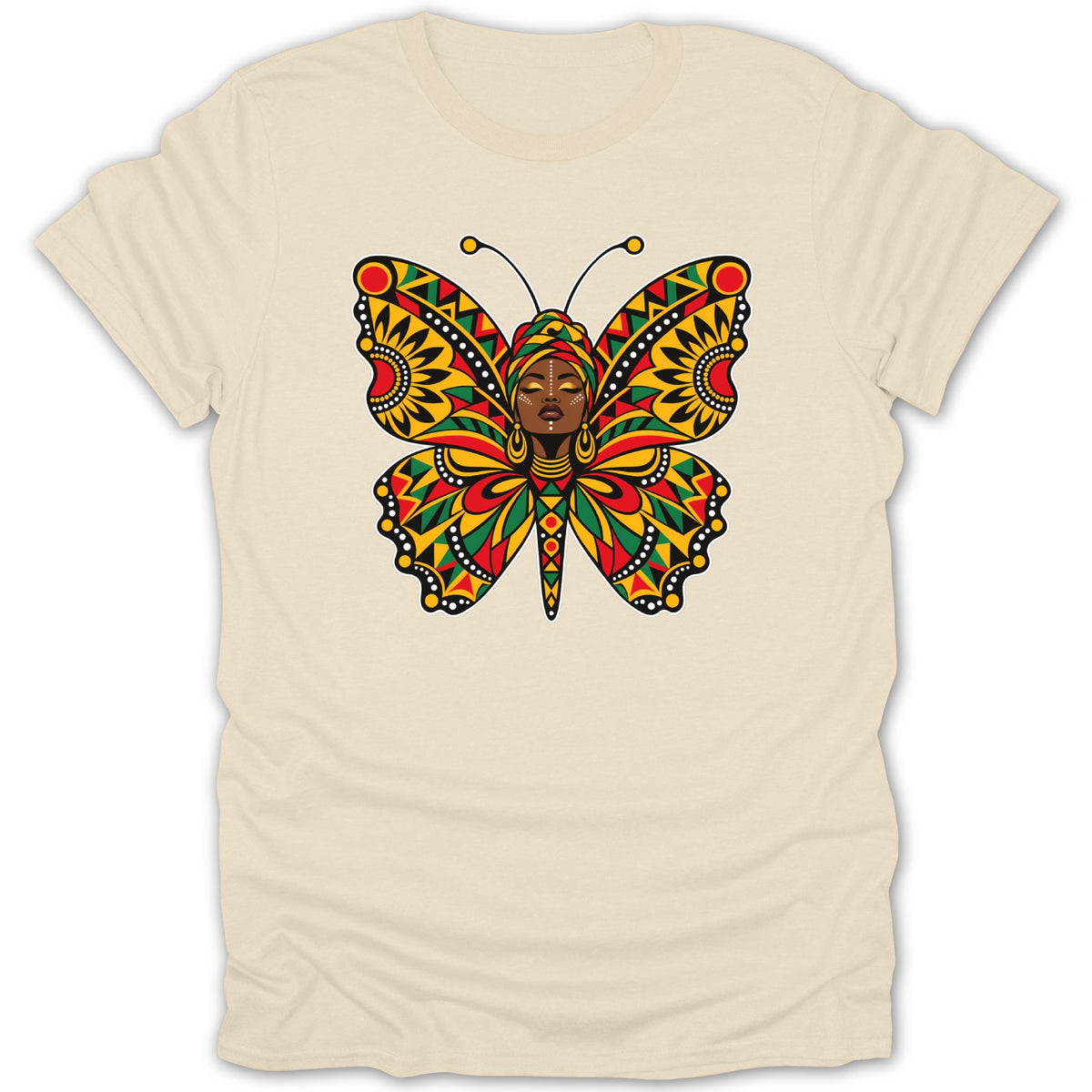 Butterfly design featuring a Black woman's face with African-inspired patterns and colors.