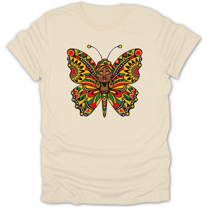 Butterfly design featuring a Black woman's face with African-inspired patterns and colors.