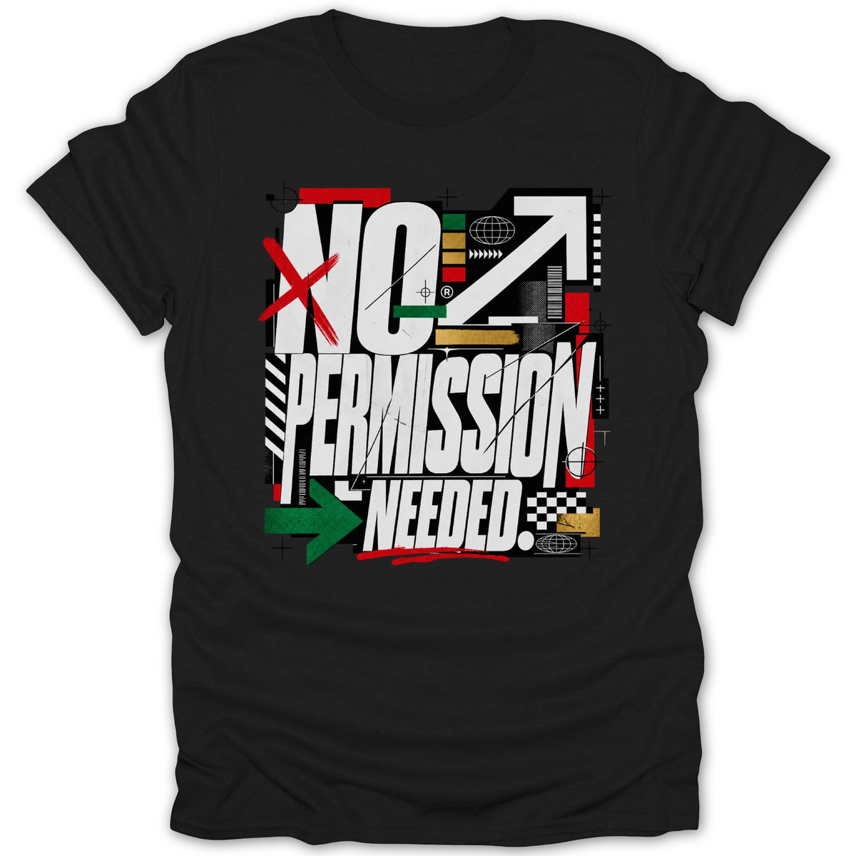 Black t-shirt with bold text: "NO PERMISSION NEEDED" and graphic elements.