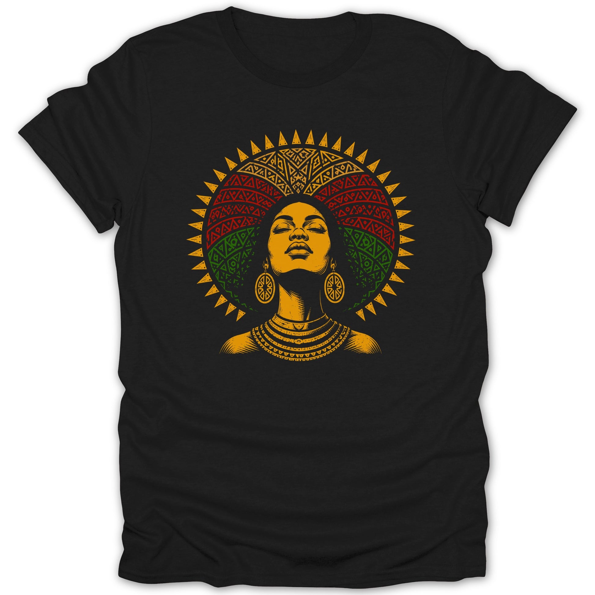 Black t-shirt with graphic of woman's head with African-inspired sunburst and jewelry.