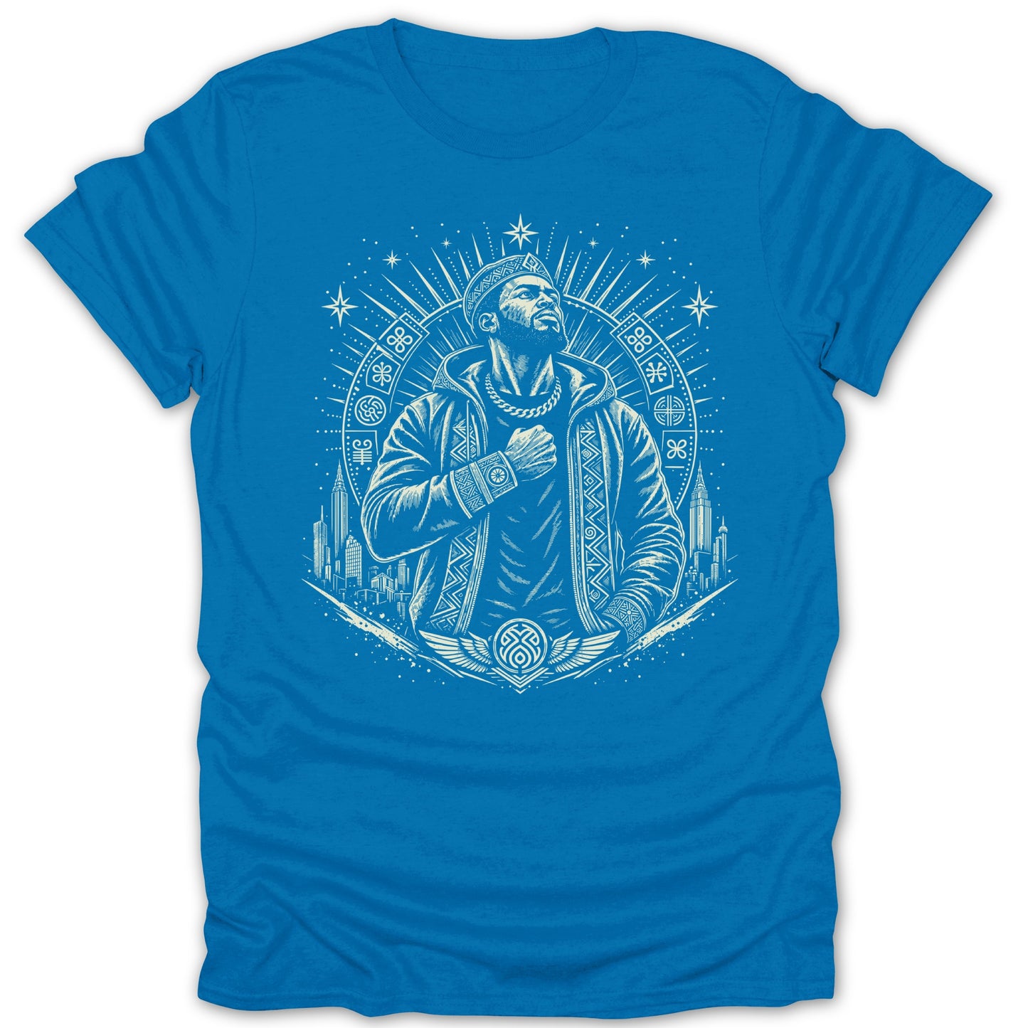 Blue t-shirt with white graphic of man, city skyline, and circular design.