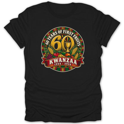 Black t-shirt featuring a circular graphic that says 60 Years of First Fruits Kwanzaa 1966-2026.