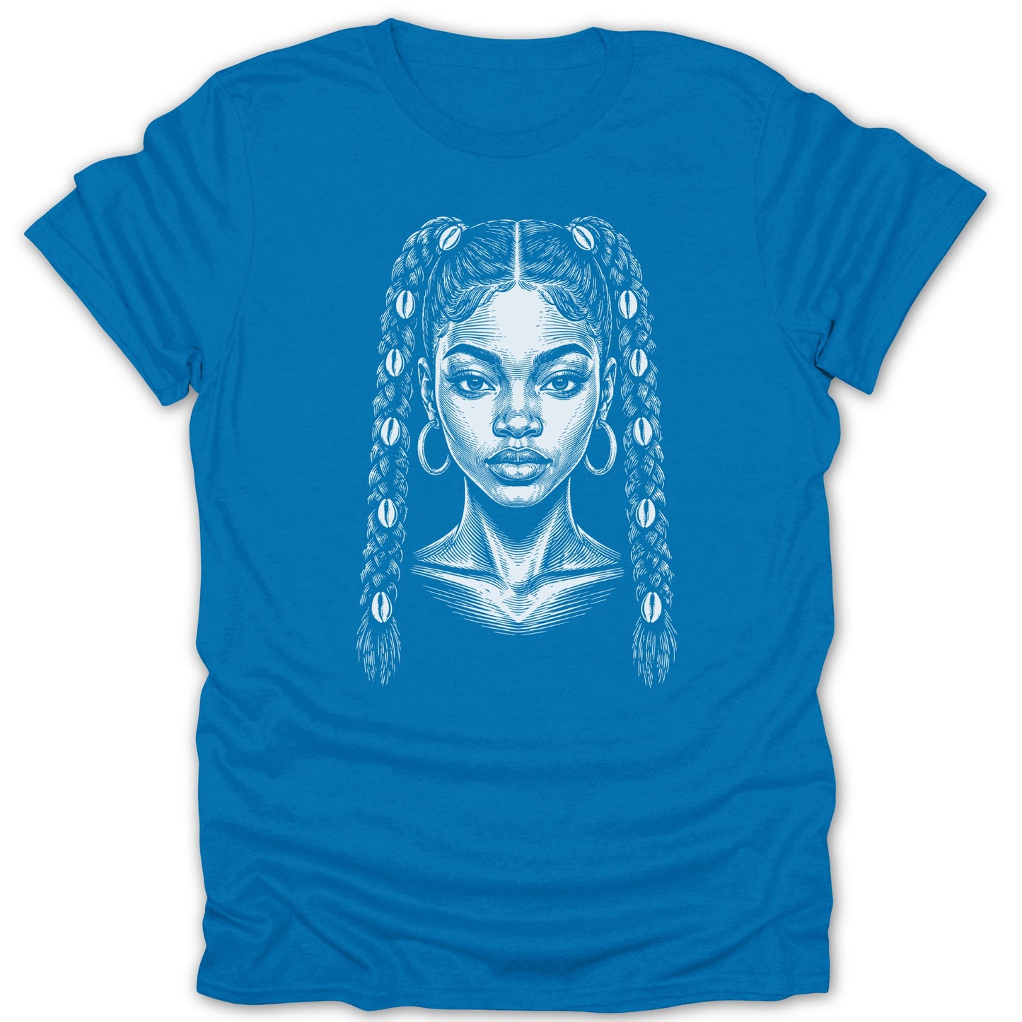 White sketch of a woman with braided hair and cowrie shells on a blue t-shirt.