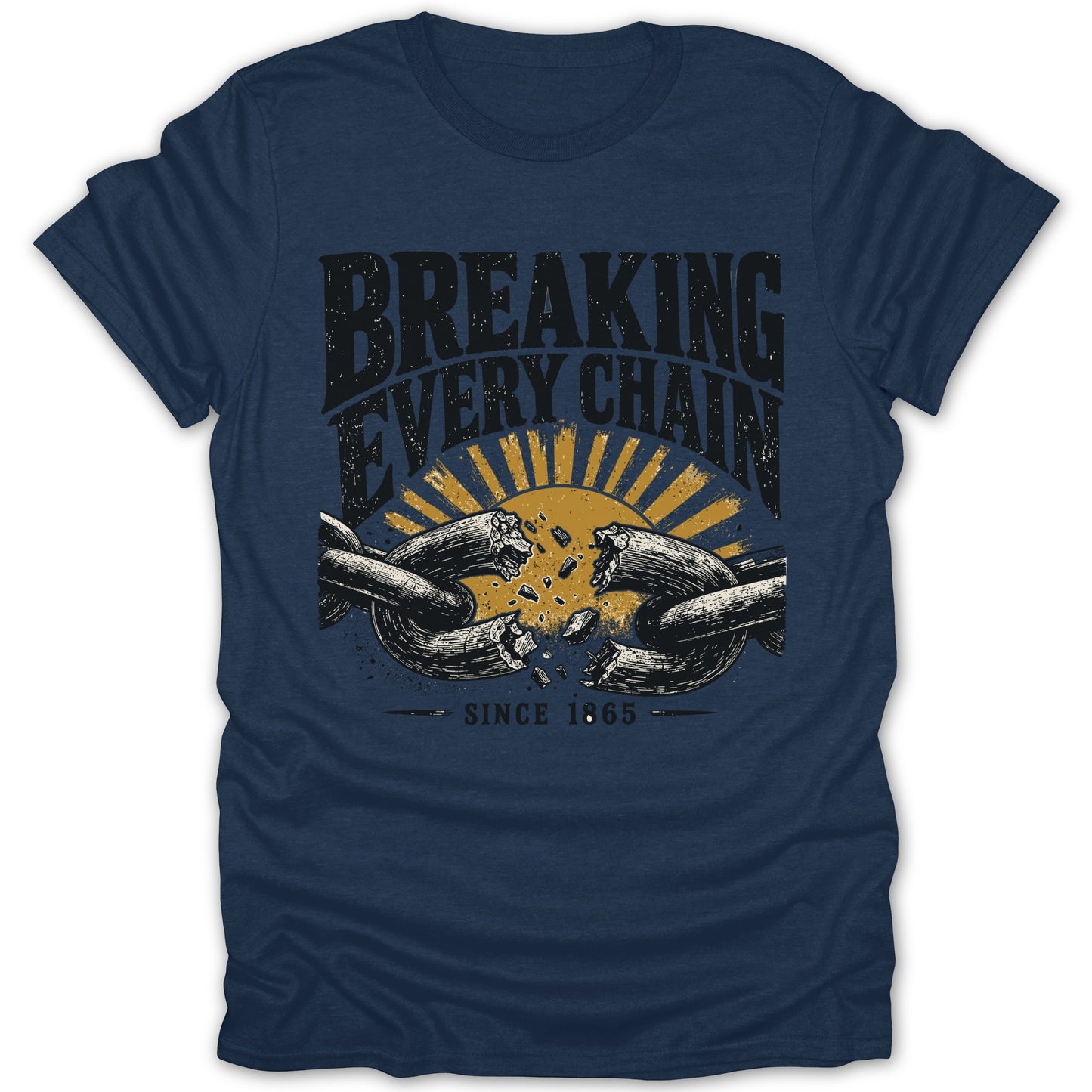 Dark blue t-shirt with "Breaking Every Chain" text and broken chain design.