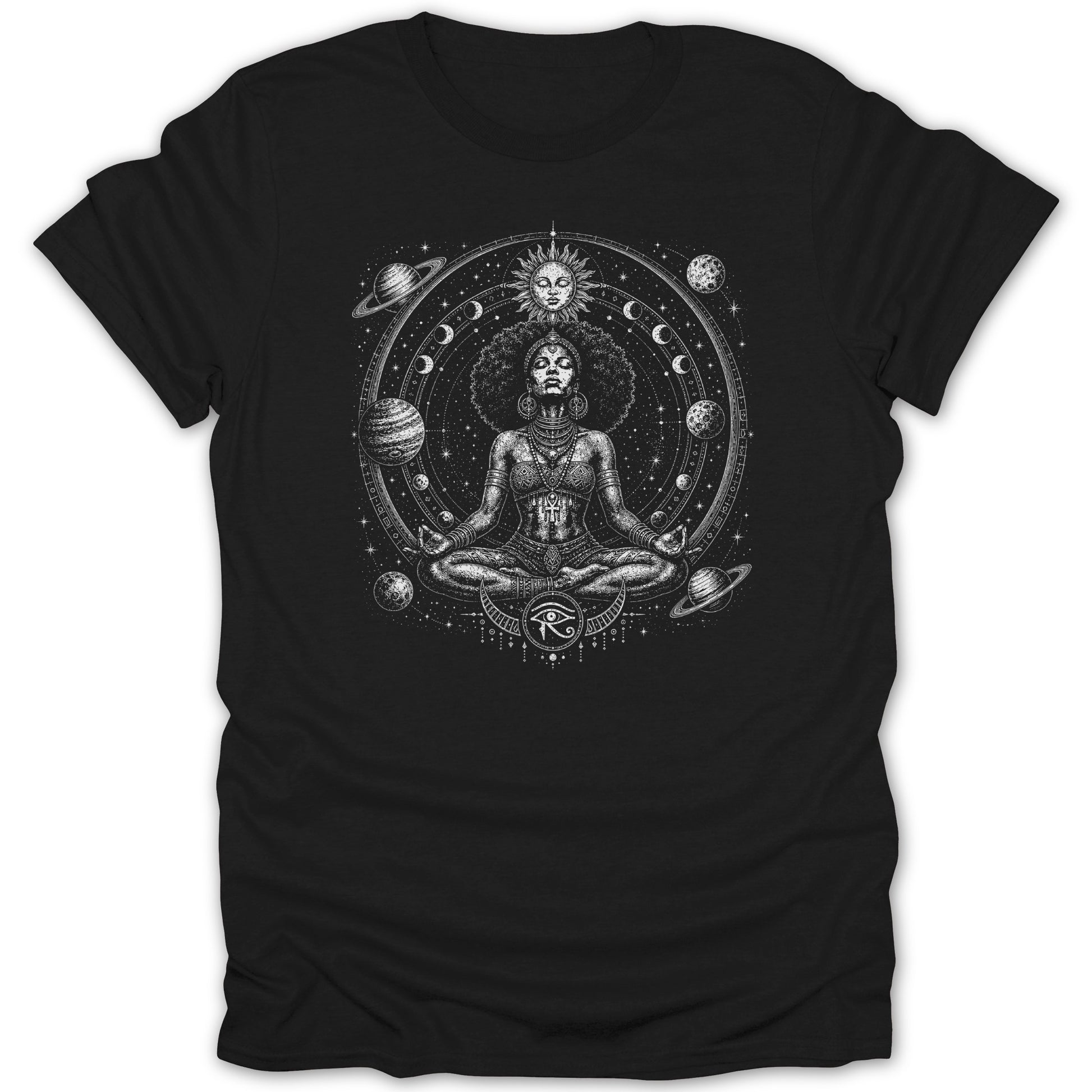 Black t-shirt with a woman meditating amidst a cosmic solar system and Egyptian eye design.