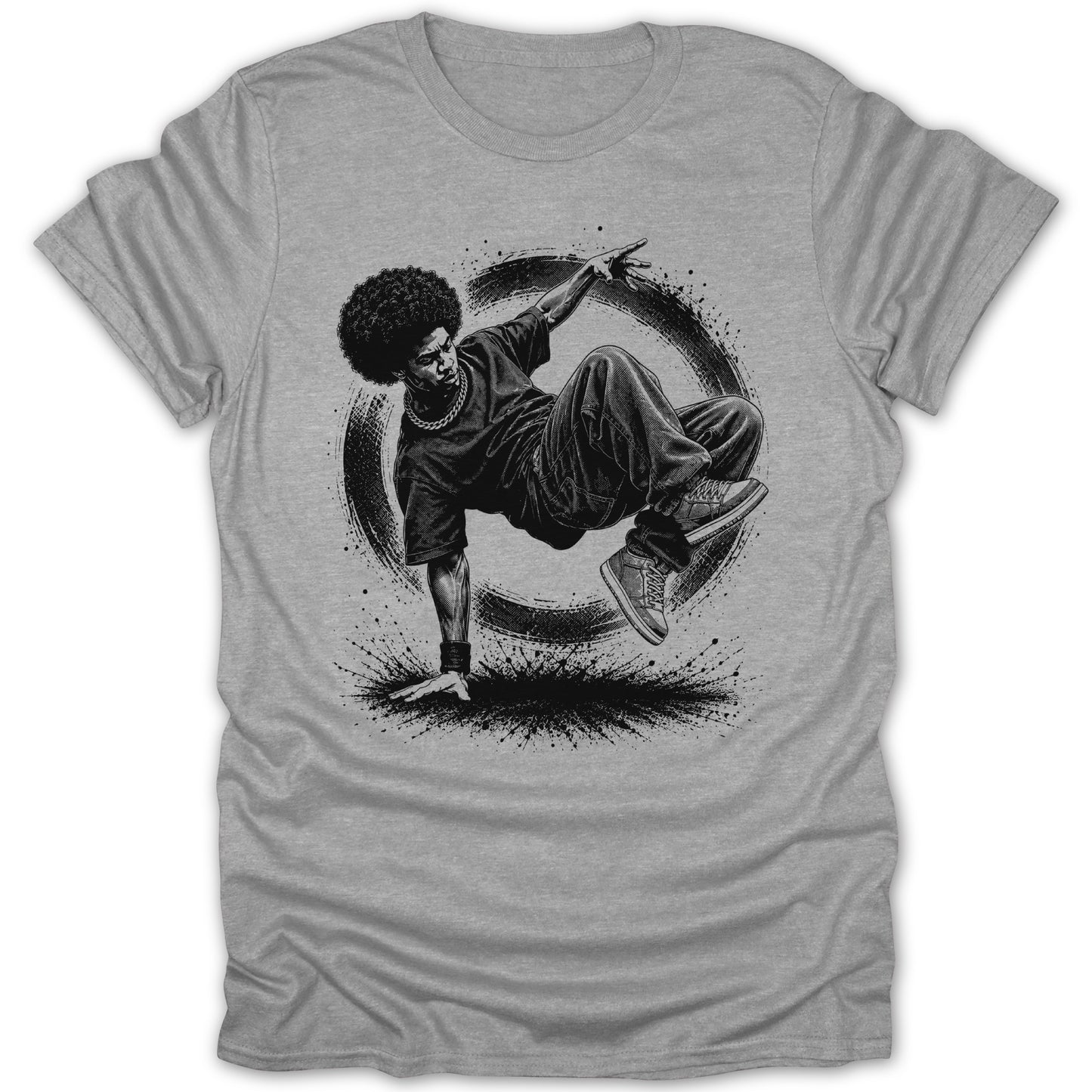 Black and white graphic of a breakdancer in mid-air within a distressed circular frame.