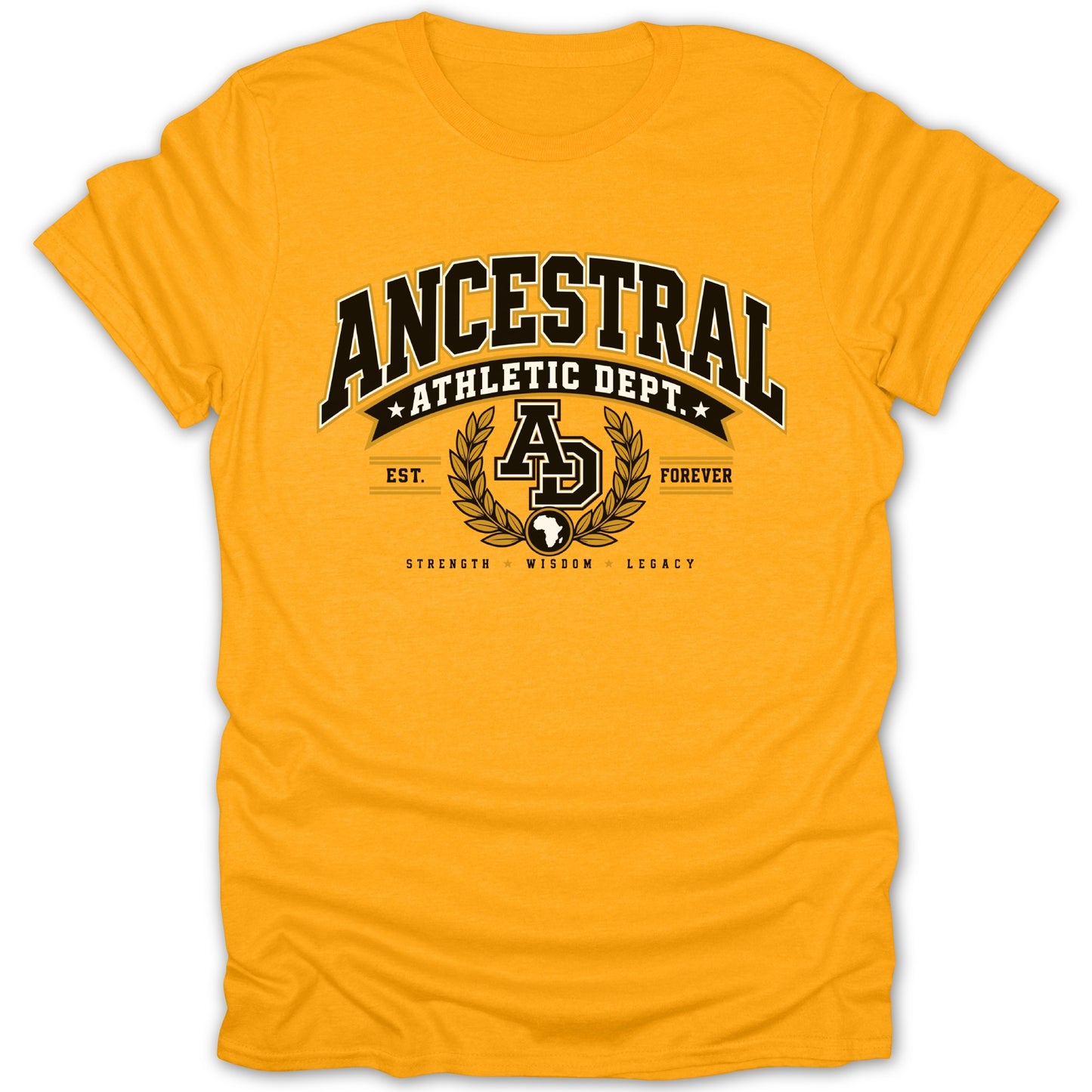Yellow t-shirt with "Ancestral Athletic Dept." text and AD logo.