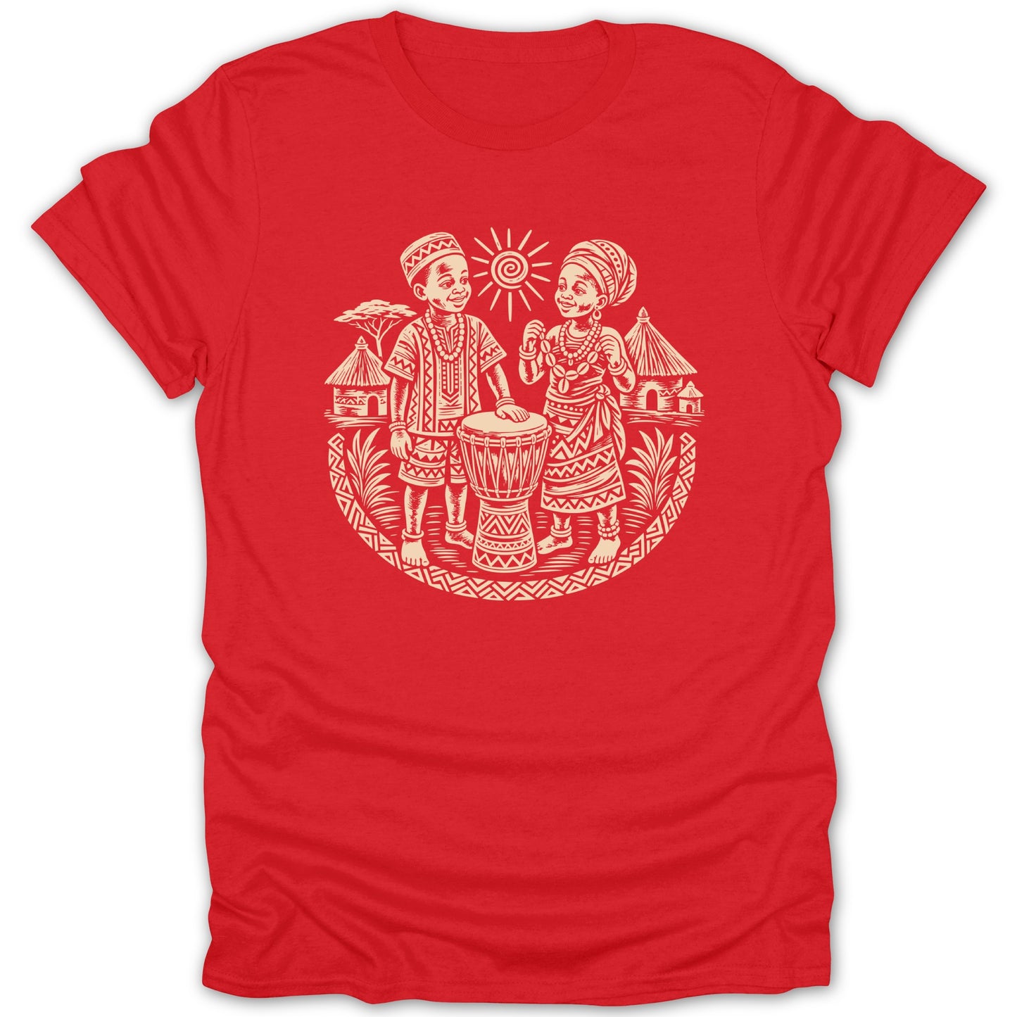 Red t-shirt with graphic of two children, a drum, huts, and sun.