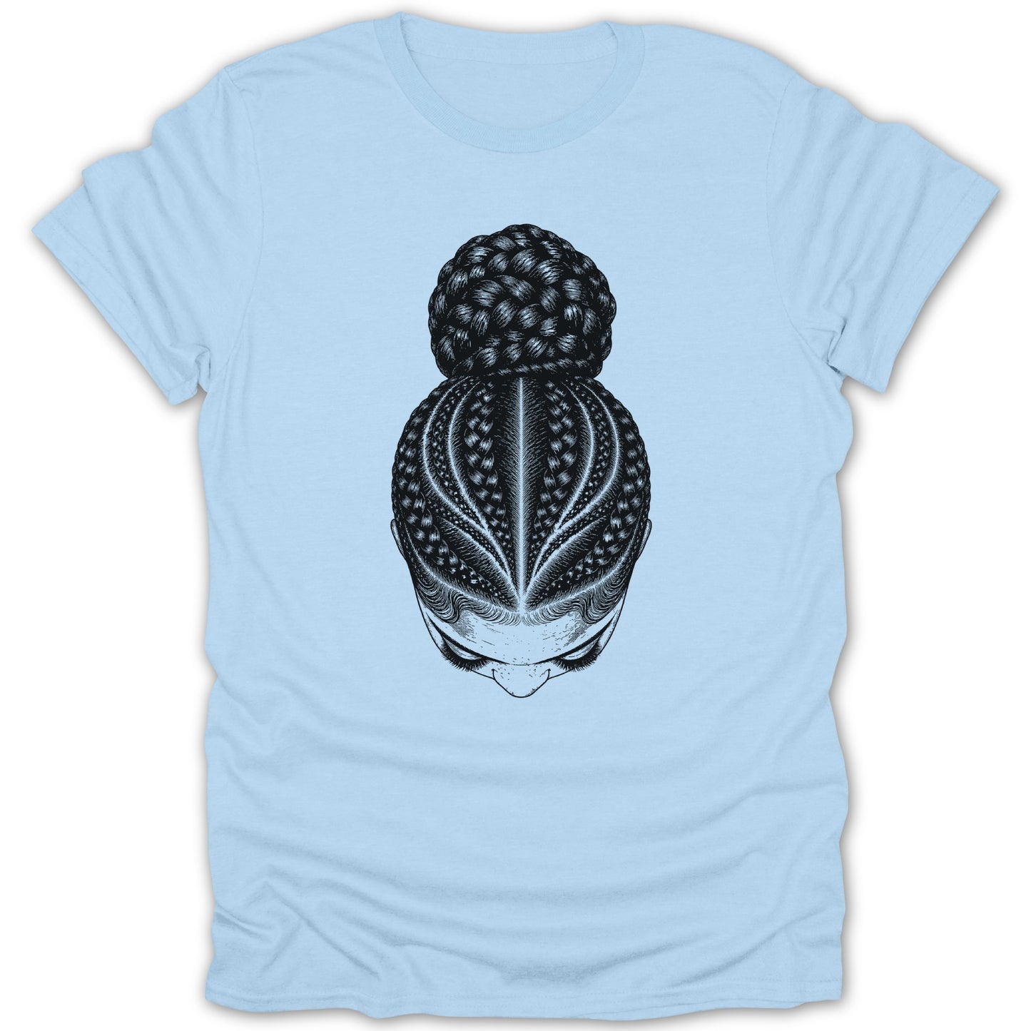 Black line drawing of intricate braided hair bun on light blue t-shirt.