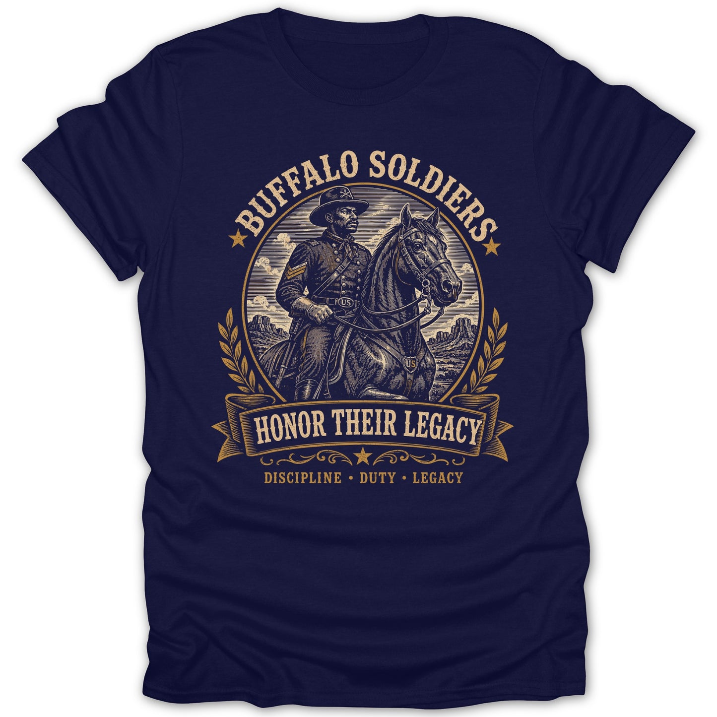 Buffalo Soldiers on horseback with text "Honor Their Legacy", "Discipline", "Duty", "Legacy".