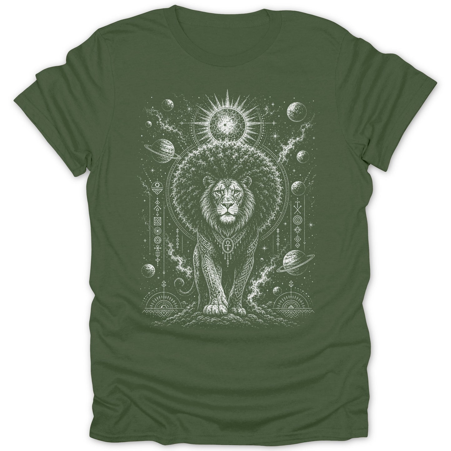 Lion with ankh necklace and cosmic, planetary background design on a green t-shirt.