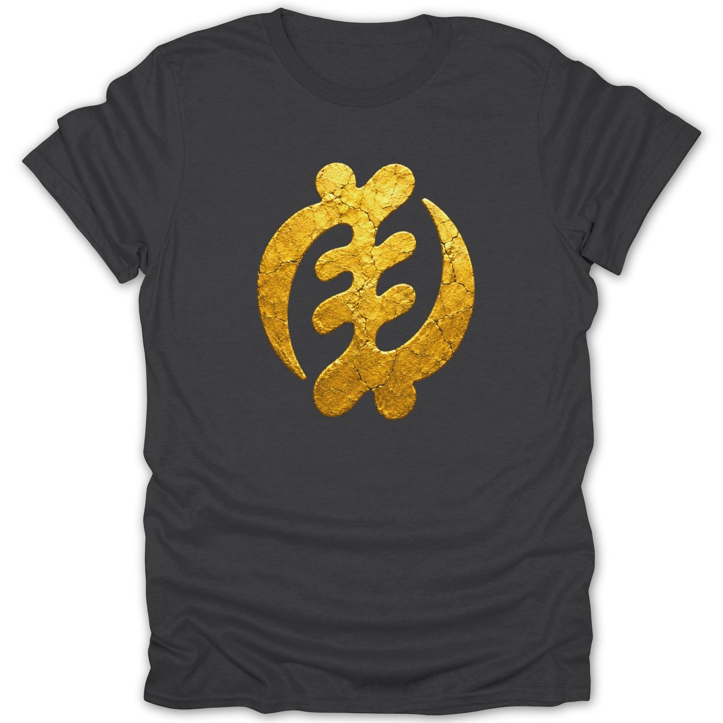 Dark grey t-shirt with a cracked gold Sankofa symbol.