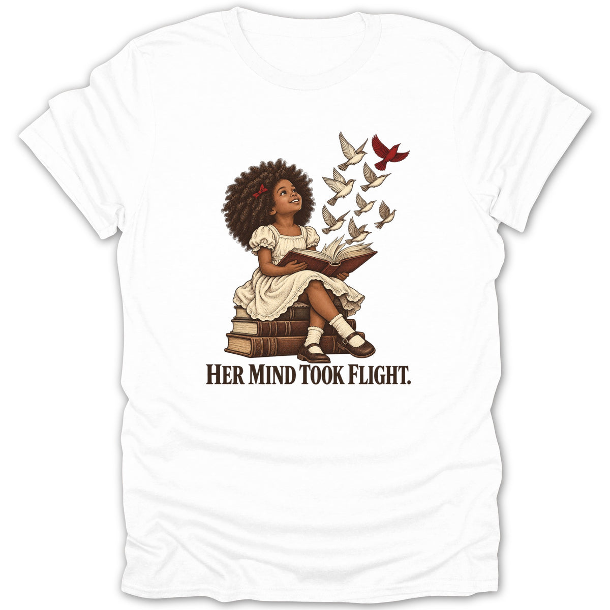 Girl reading book on stack of books with birds flying out.