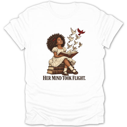 Girl reading book on stack of books with birds flying out.