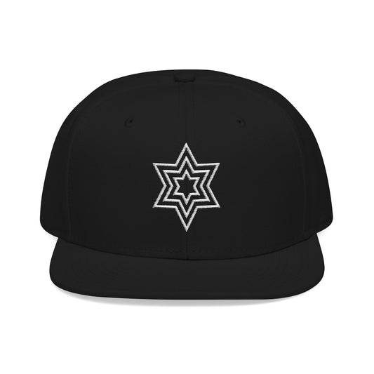 Black snapback hat with white embroidered Star of David emblem.