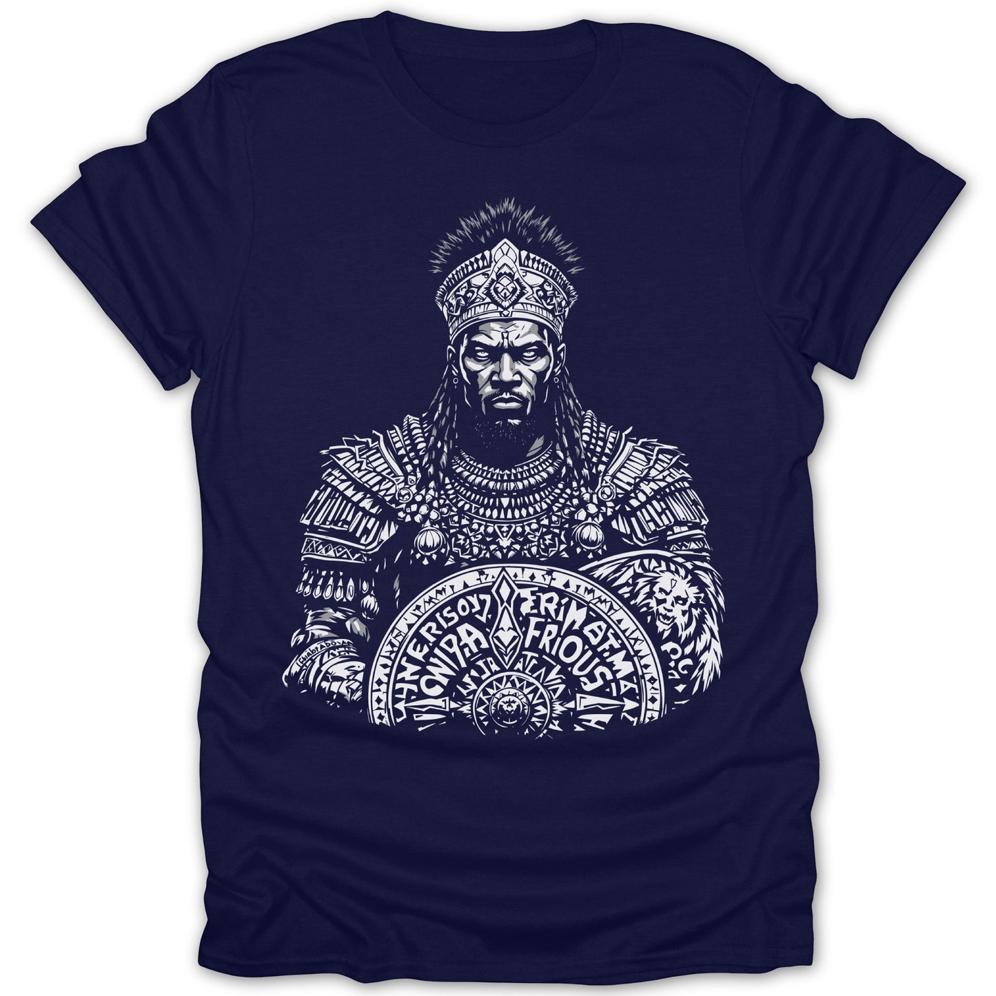 Monk holding a shield with text and lion imagery.