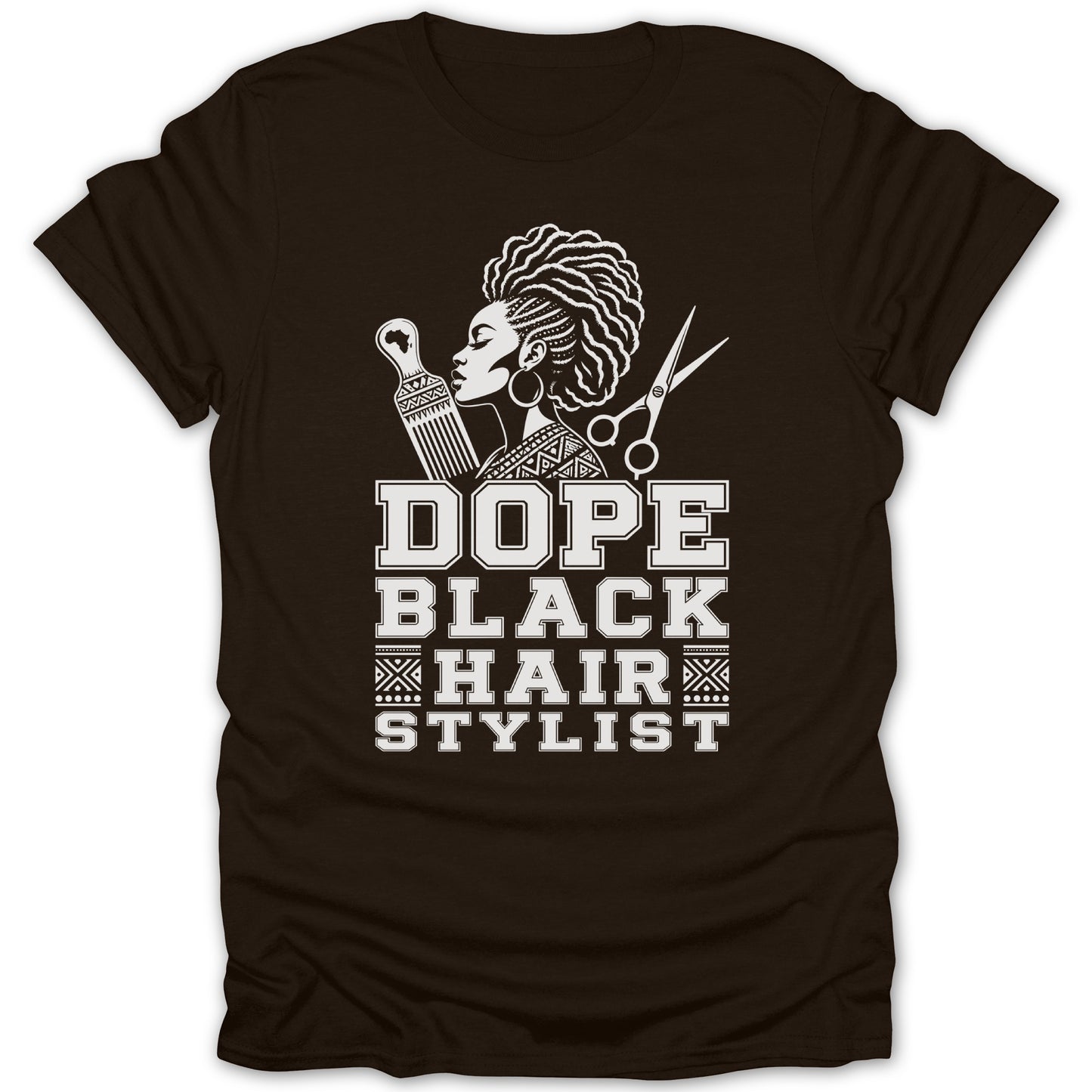Brown t-shirt with white text and graphic reading "DOPE BLACK HAIR STYLIST."