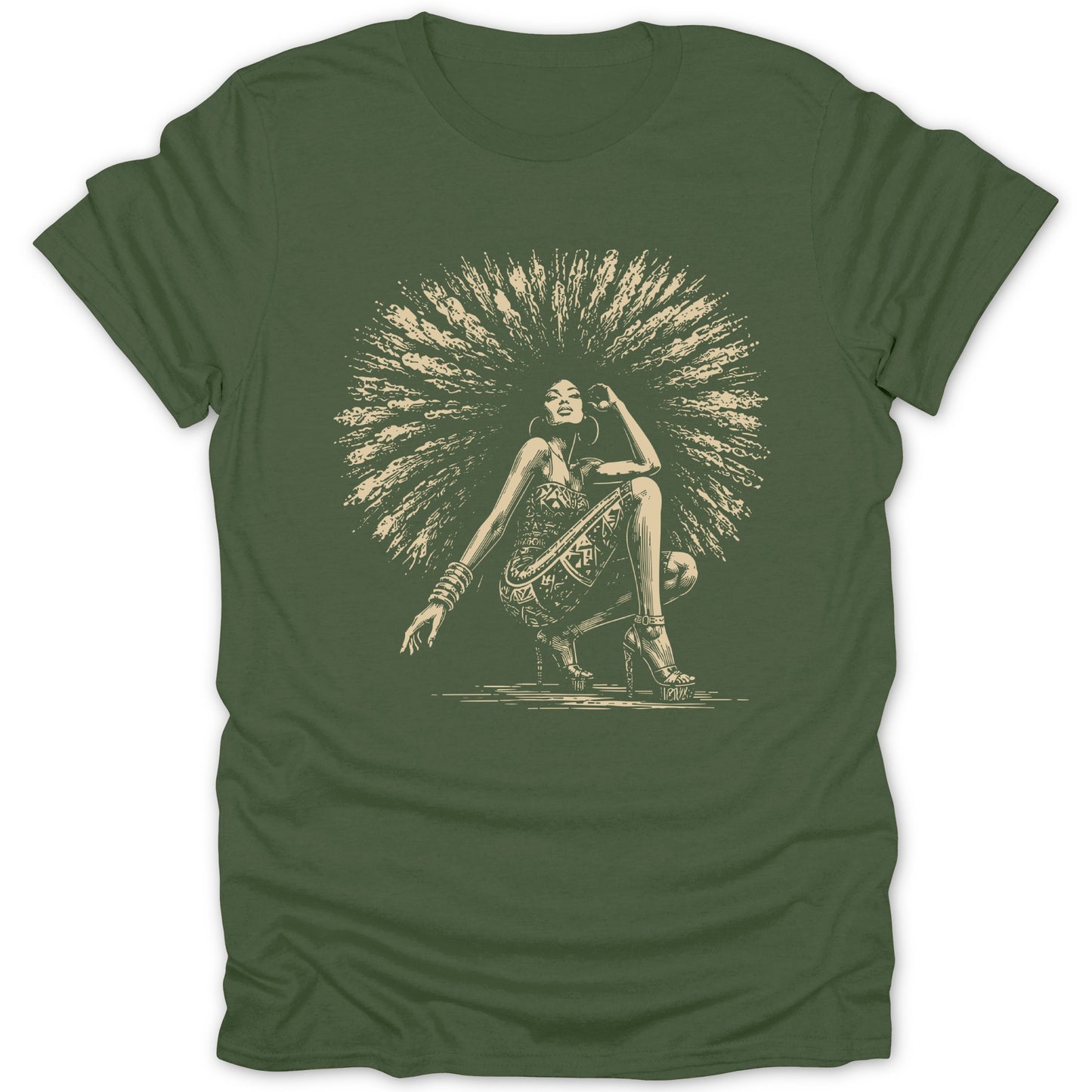 T-shirt with illustration of woman with large afro and patterned dress.