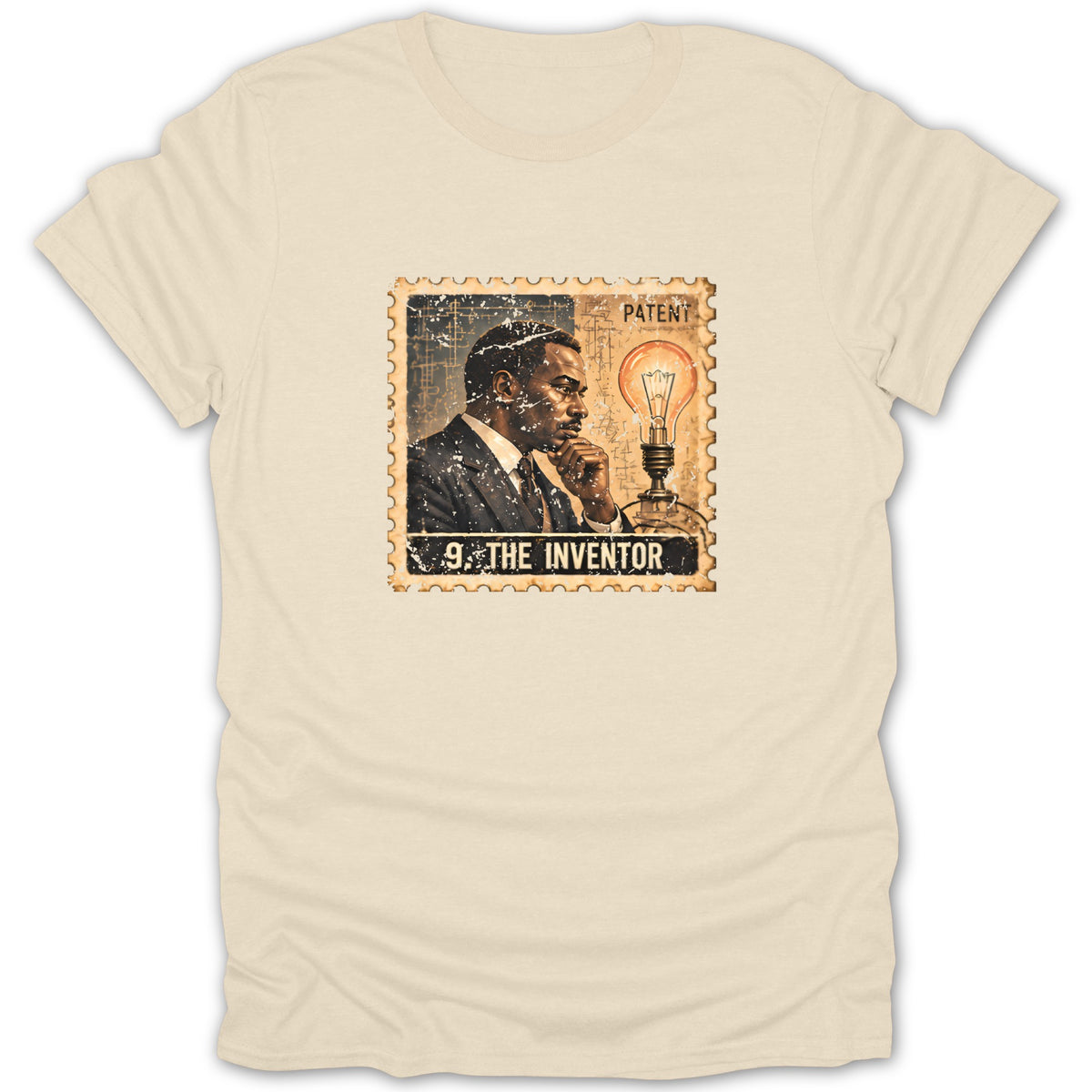 Beige t-shirt featuring a postage stamp graphic of a thoughtful Black man beside a glowing light bulb.