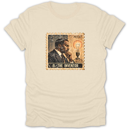 Beige t-shirt featuring a postage stamp graphic of a thoughtful Black man beside a glowing light bulb.