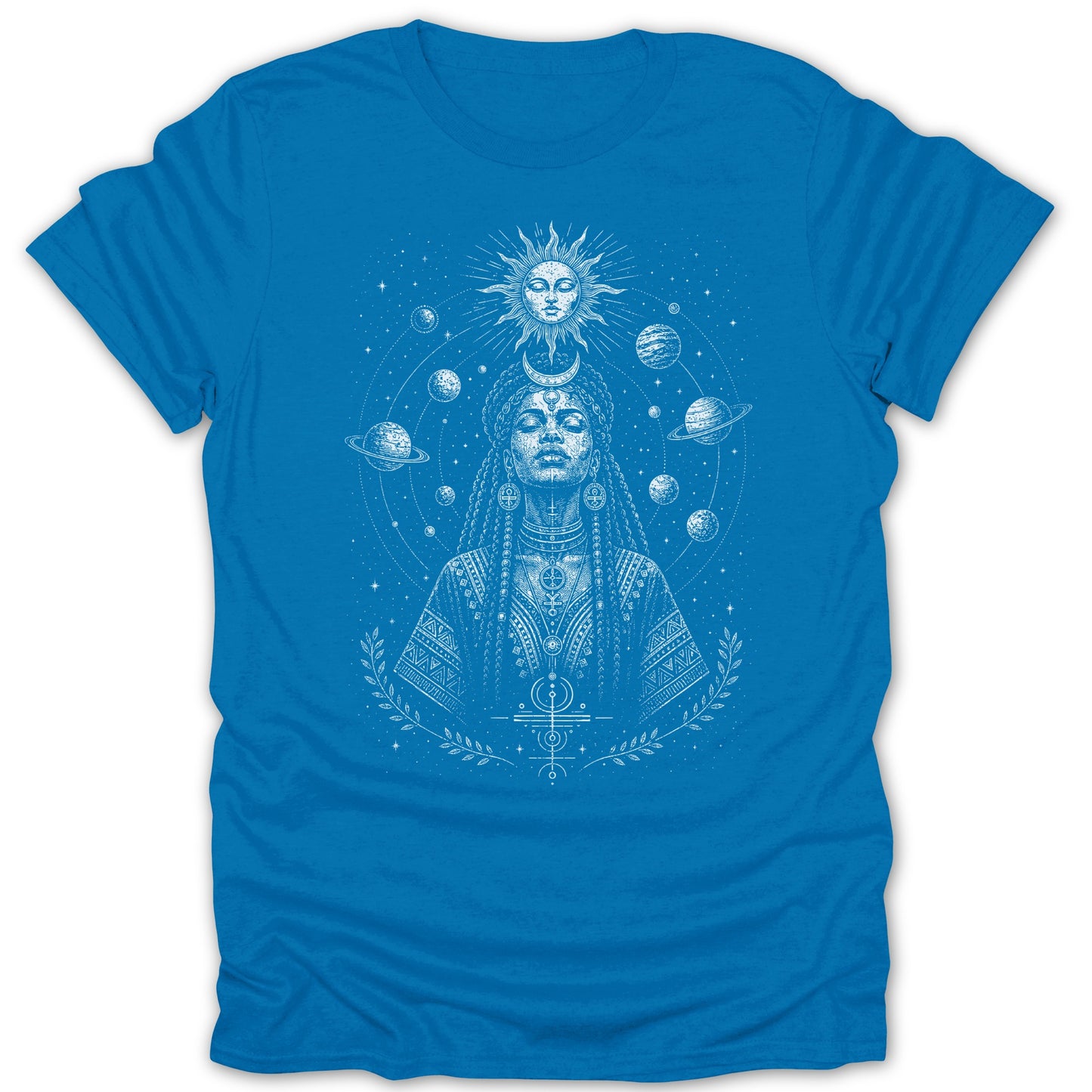 Blue t-shirt with white line art of a woman, sun, moon, and planets.