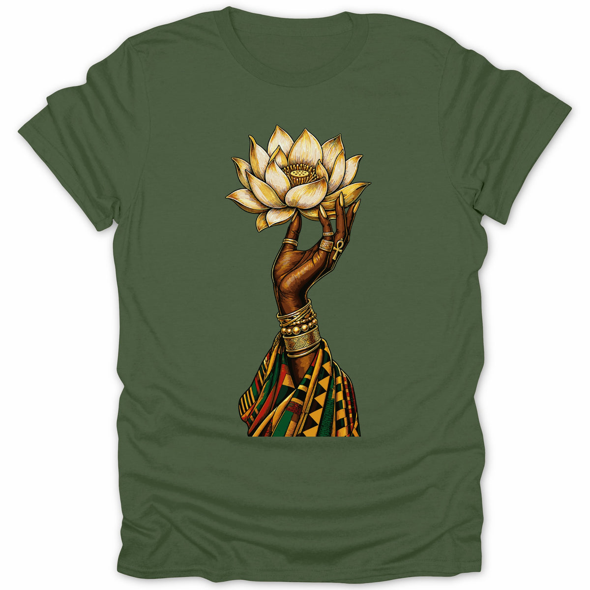 Green t-shirt featuring a dark-skinned hand holding a golden lotus flower with an ankh symbol.