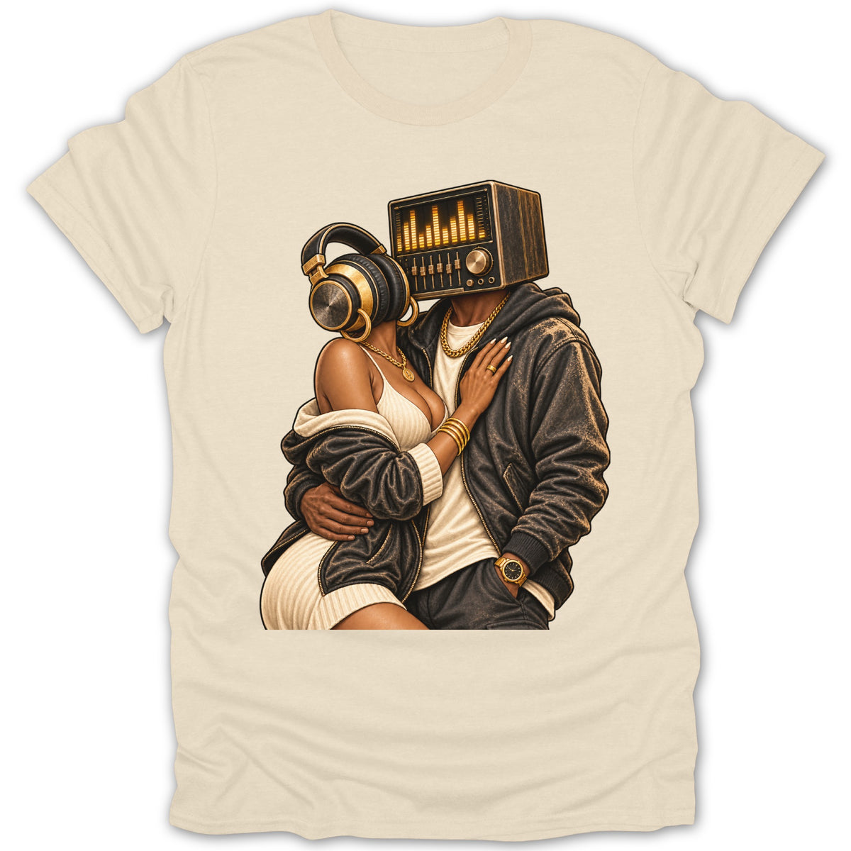 Couple with radio head and headphones embrace, wearing gold chains and jackets.