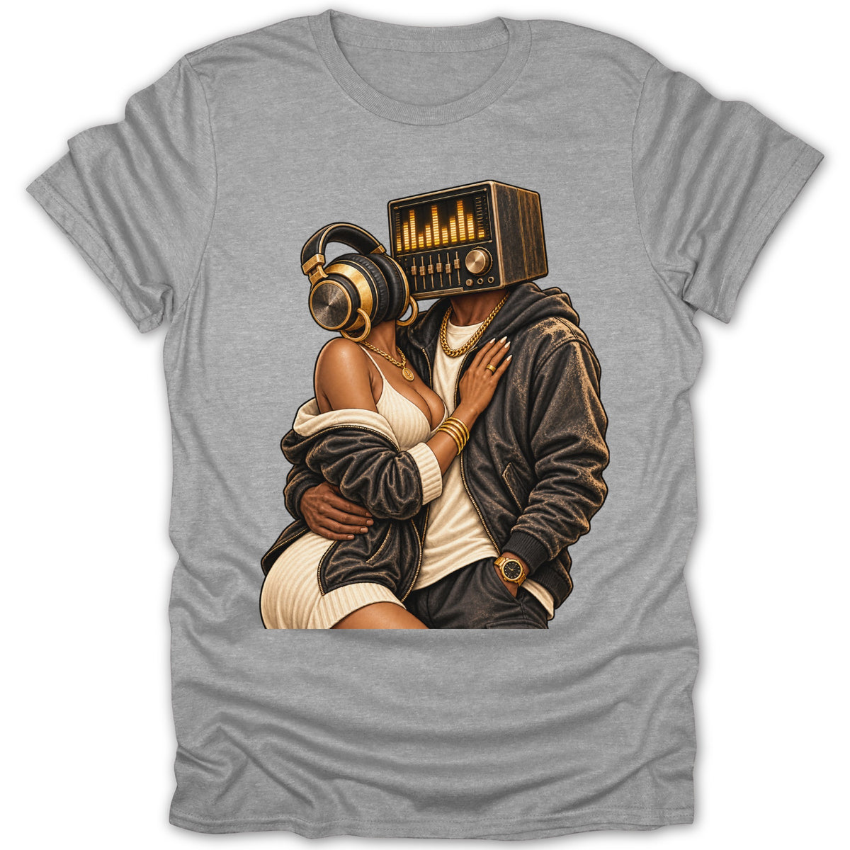 Couple with vintage radio head and headphones embracing on a grey t-shirt.