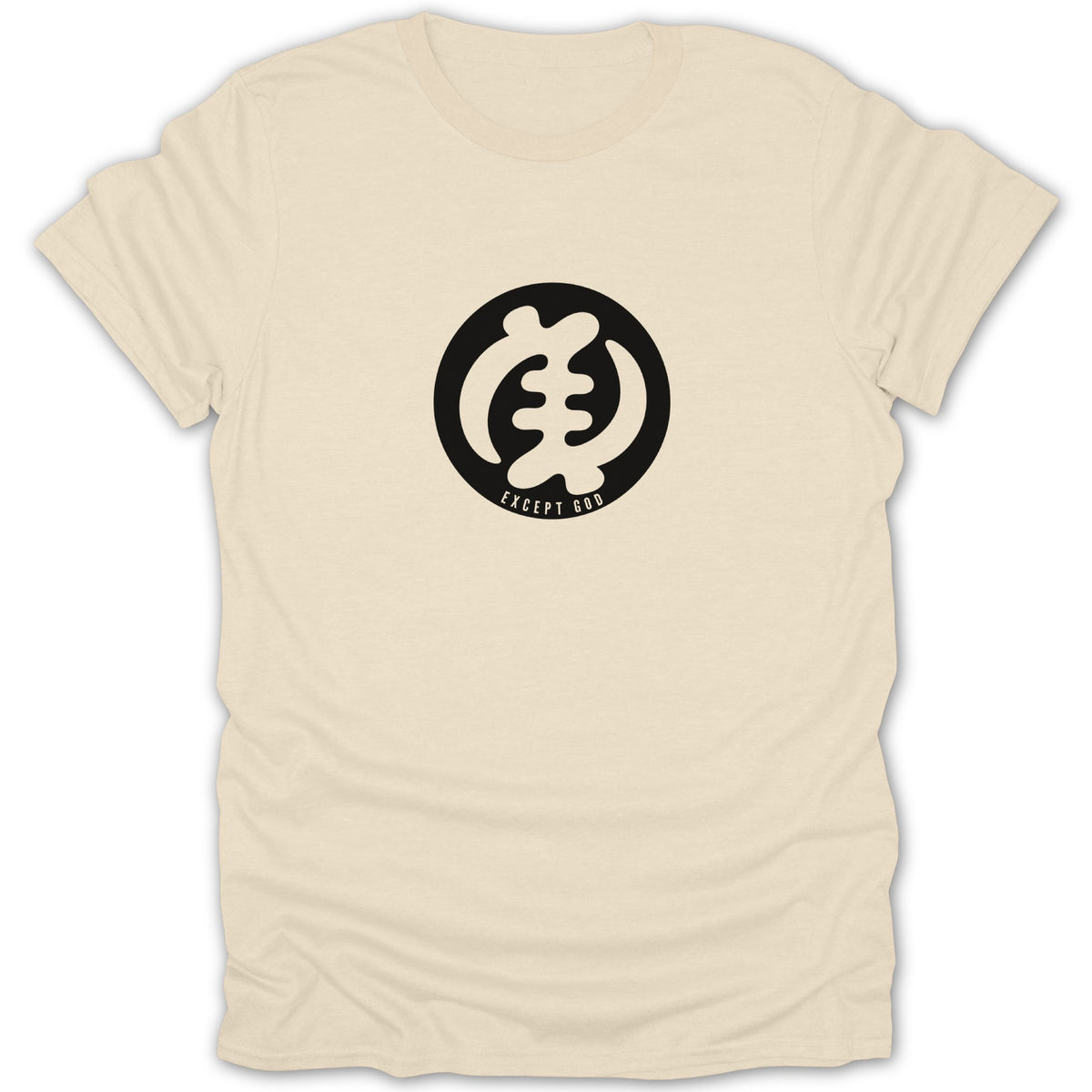A cream-colored short-sleeved crewneck t-shirt featuring a black circular graphic with a white Adinkra symbol and the text "EXCEPT GOD".